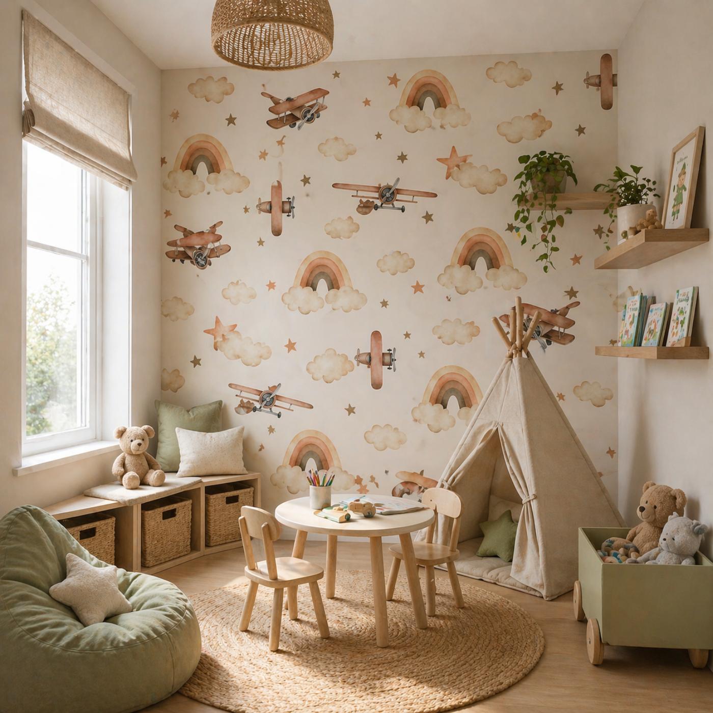 Cute Vintage Airplanes Wallpaper in Soft Neutral Pastel Tones