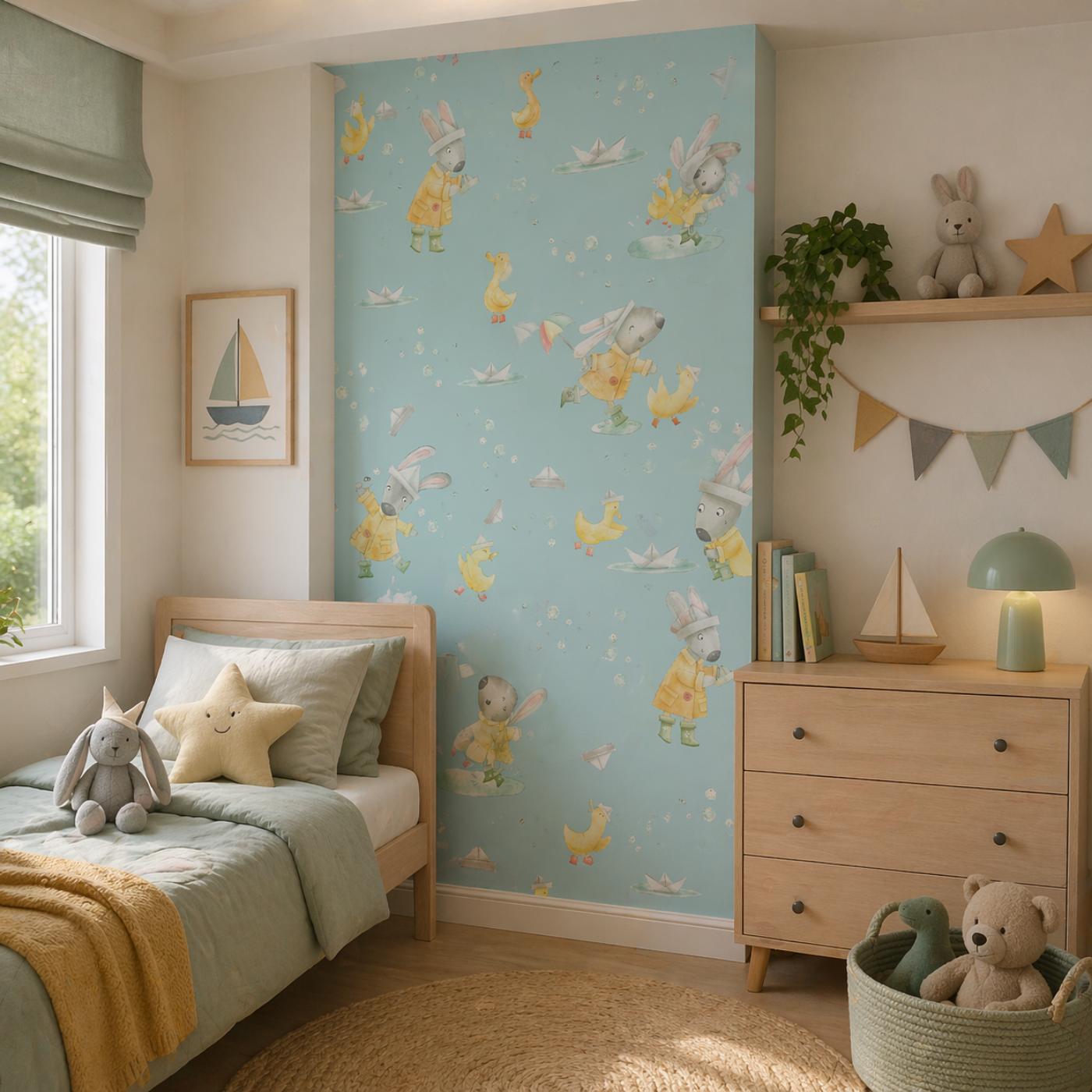 Cute Bunny & Ducklings Wallpaper in Soft Pastel Blue Tones
