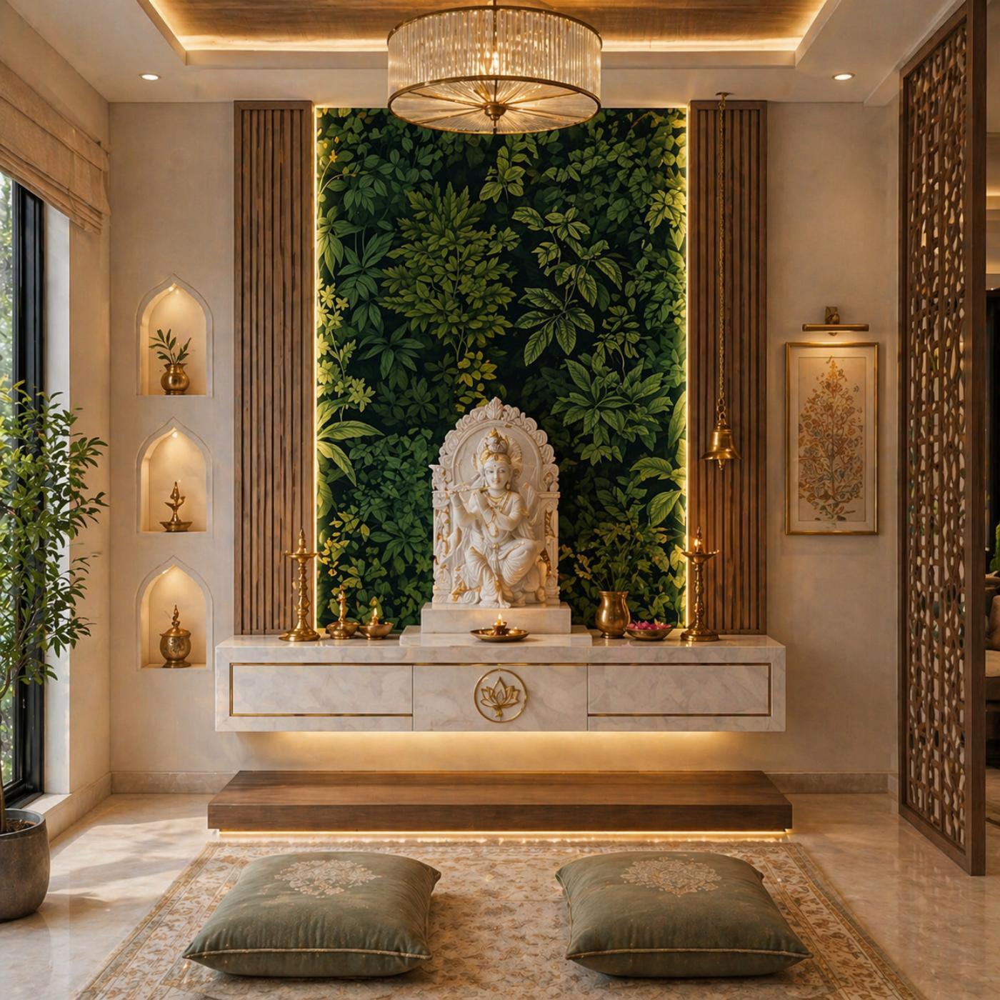 Verdant Divine Foliage Wall Mural for Pooja Mandir & Spiritual Spaces