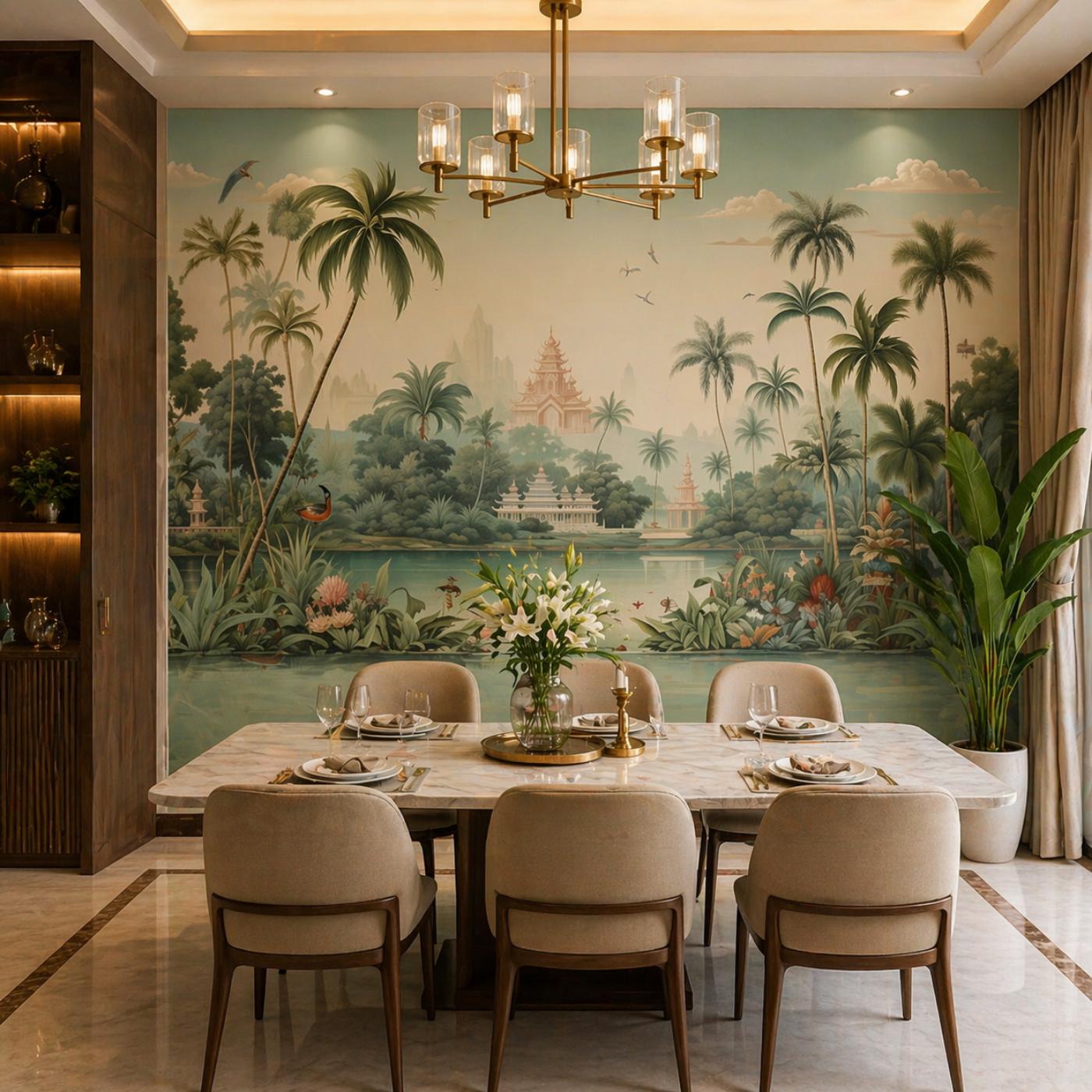 Tropical Paradise Landscape Wall Mural in Soft Sage & Aqua Tones