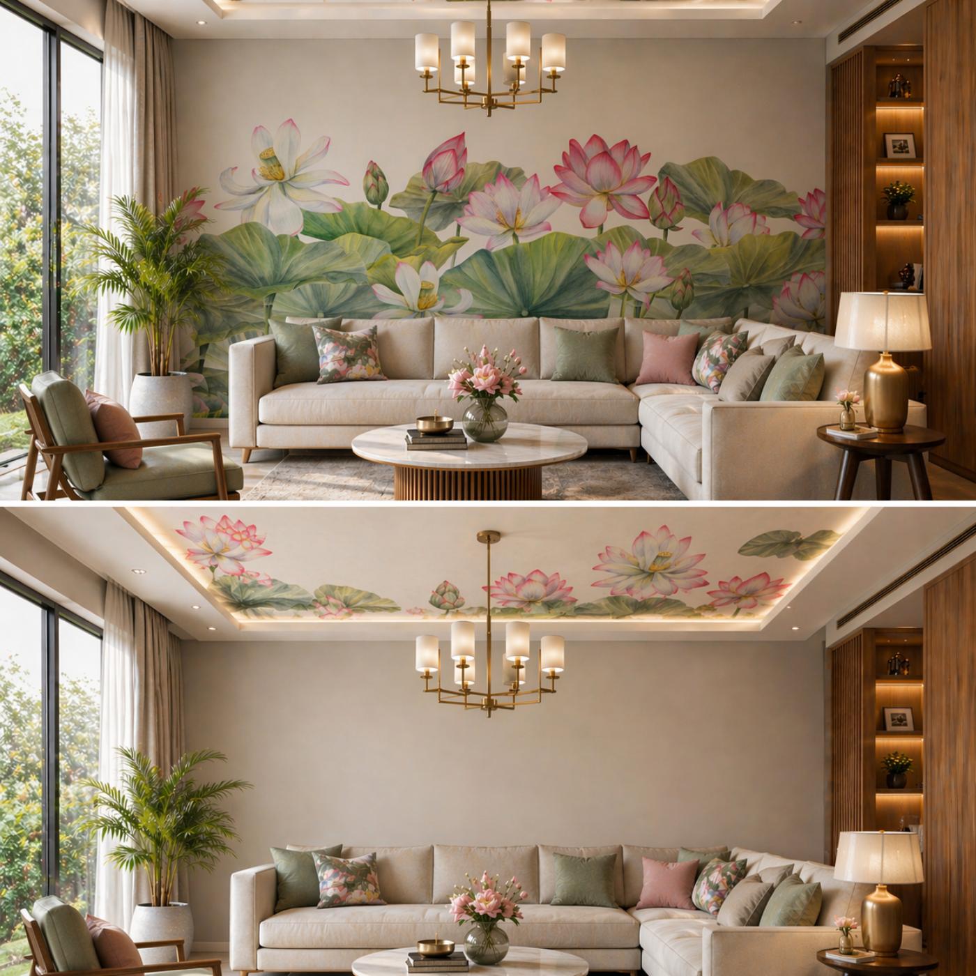 Elegant Lotus Bloom Wall & Ceiling Mural in Soft Pastel Tones