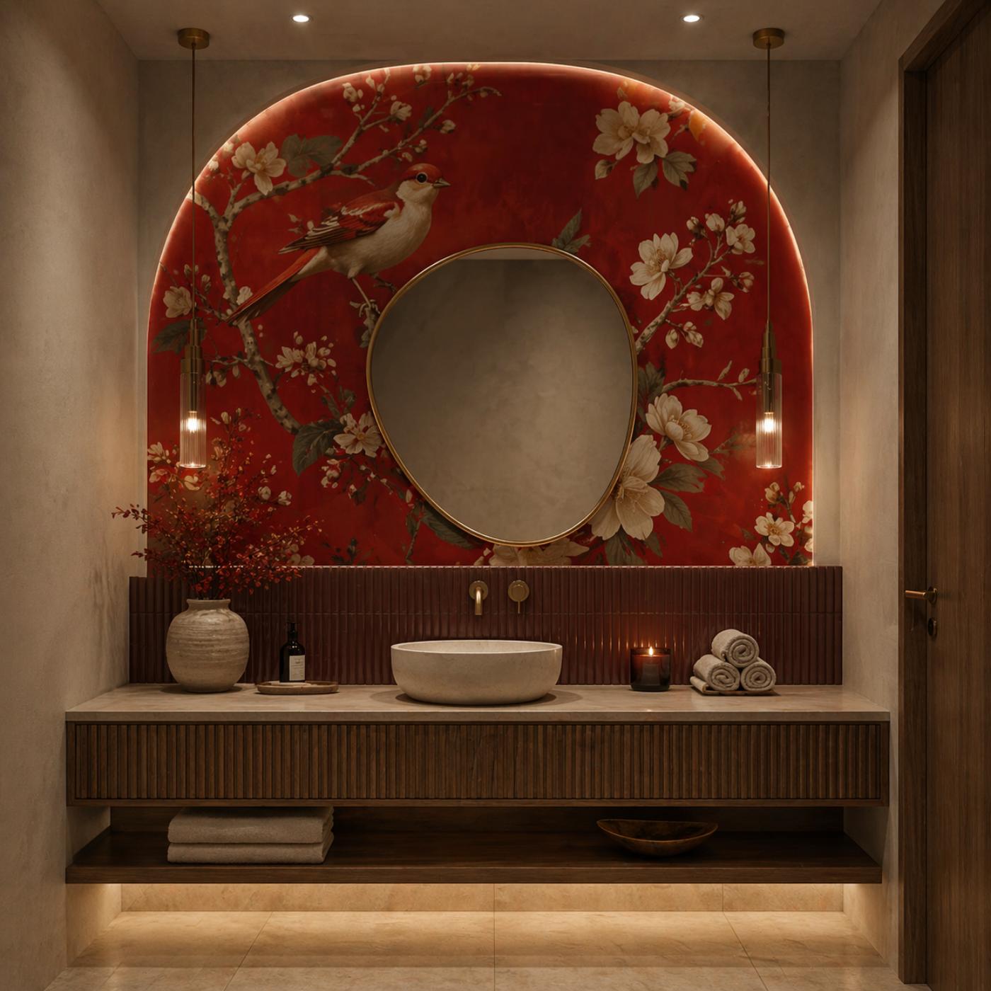 Crimson Blossom Bird Wall Mural for Luxury Interiors