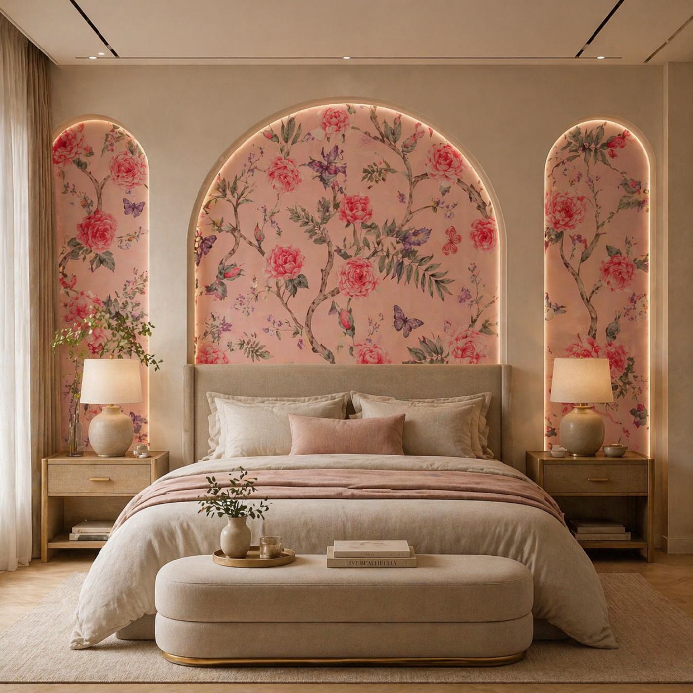 Blush Rose Garden Arch Wallpaper Mural in Soft Pink Tones