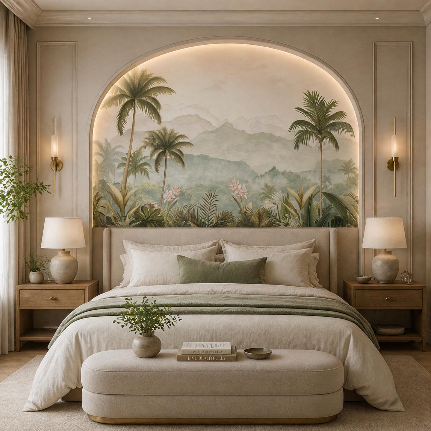 Tropical Oasis Arch Wallpaper Mural in Soft Sage & Neutral Tones