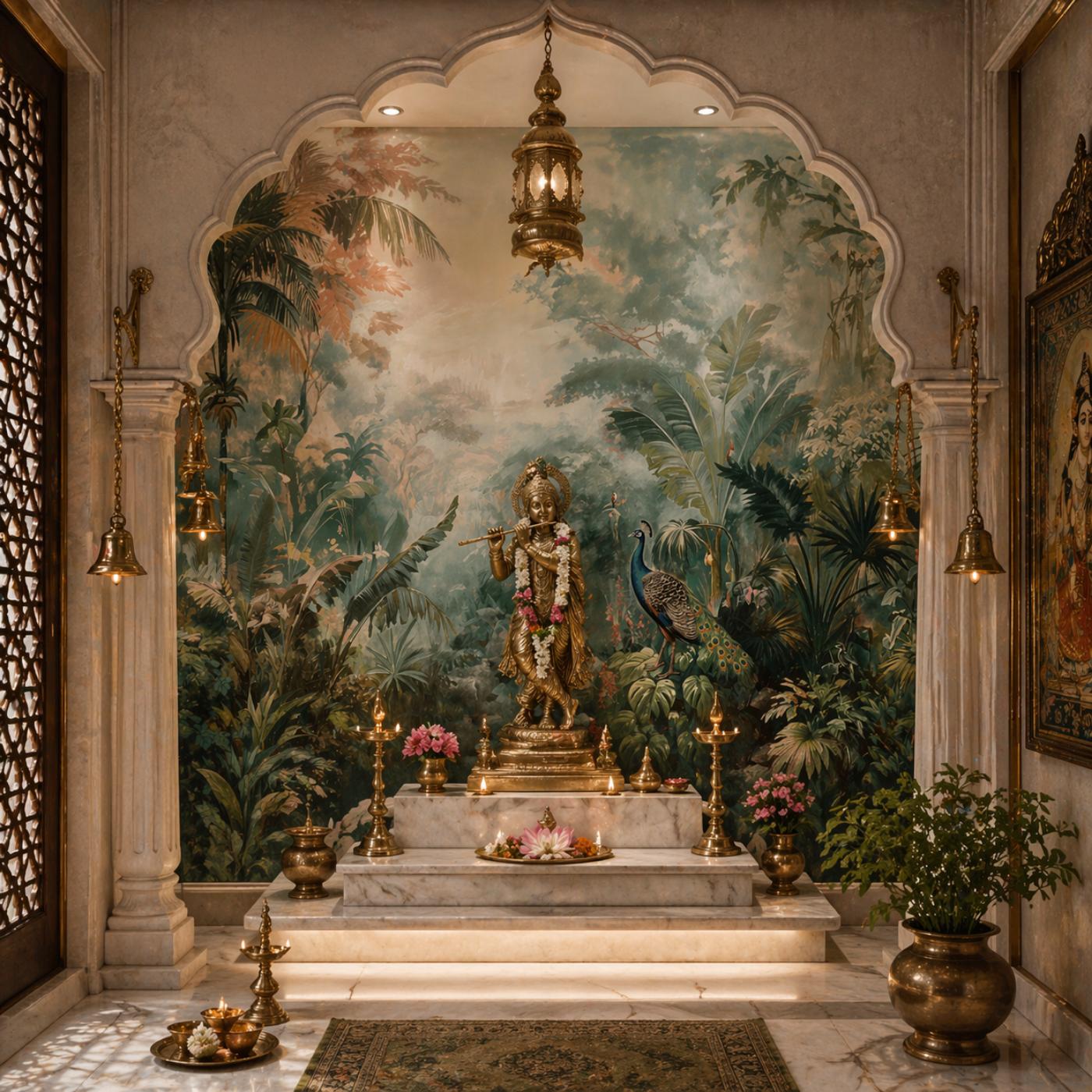 Royal Peacock & Tropical Foliage Wallpaper Mural for Mandir & Luxury Interiors