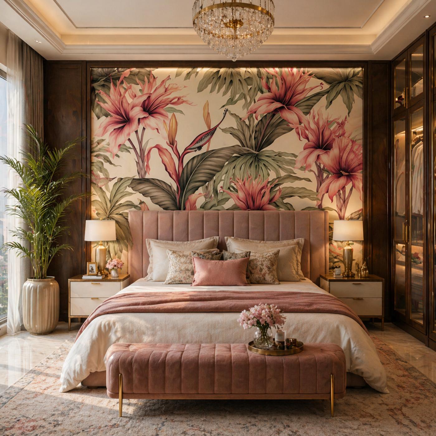 Blush Tropical Floral Highlighter Wallpaper for Luxury Bedroom Interiors