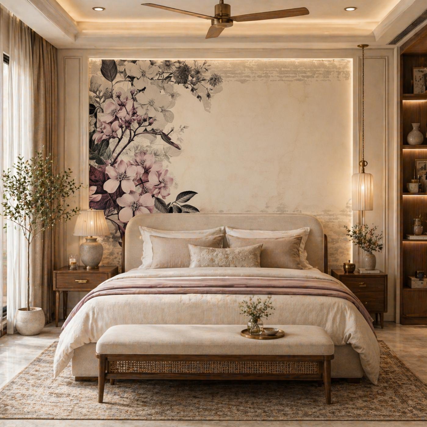 Elegant Blossom Floral Wallpaper in Soft Neutral Tones for Luxury Bedrooms